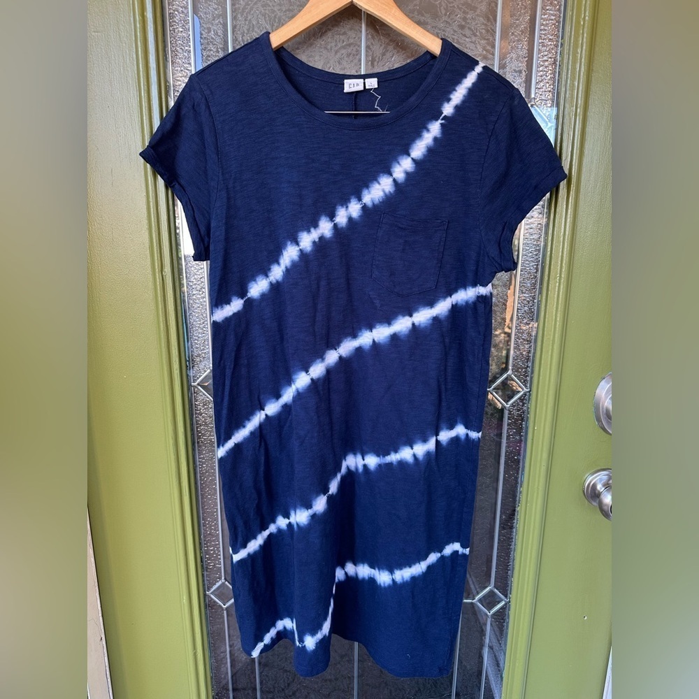Gap Women’s Large 100% Slub Cotton Blue White Tie Dye Rolled Sleeve Knee Dress - Picture 3 of 10